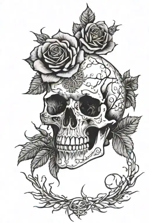 A Gothic-inspired Tattoo Featuring A Skull Surrounded By Dark Roses And Thorns