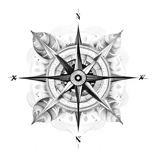 A Blackwork Tattoo Of A Compass Surrounded By Intricate Butterfly Wings