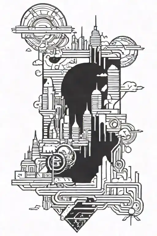 Create A Tattoo Of A Futuristic Cityscape With Neon Lights And Edm Festival Stages In The Background