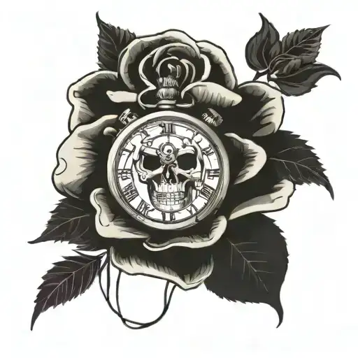 A Dark Rose Intertwined With A Watch And A Skull In A Blackwork Style