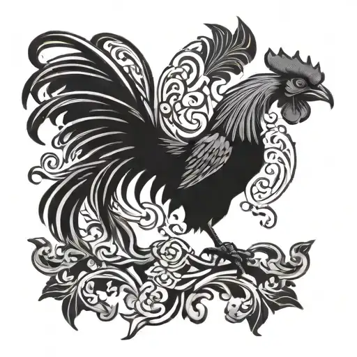 Angry Black Rooster And Open Wings In Flight And Attack Position