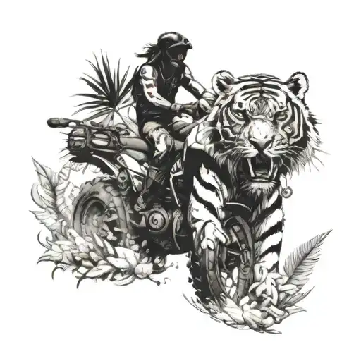 A Fierce Tiger Riding An Atv Through A Tropical Hawaiian Jungle
