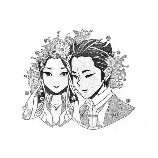 A Dotwork Tattoo Of Tanjiro And Nezuko From Demon Slayer Surrounded By Intricate Floral Patterns