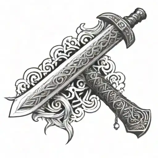 Katana Sword Crossed With Viking Battle Axe Embedded