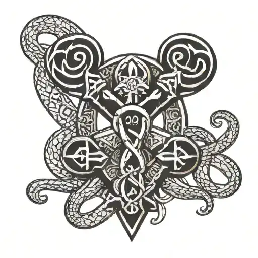 An Ankh Symbol Intertwined With A Snake In A Blackwork Style