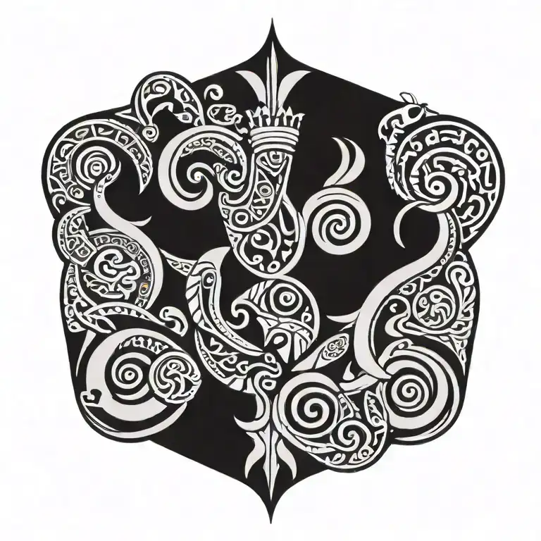 A Combination Of Maori Patterns And Soldier Symbols In A Black-grey Tattoo Design