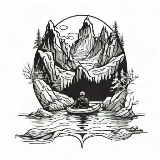 A Sketch Style Tattoo Of A Majestic Glacier Landscape With A Kayak Floating Peacefully On The Water