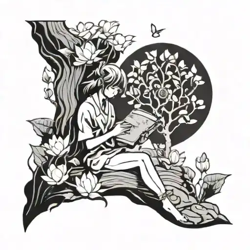 A Whimsical Scene Of An Anime Character Reading Under A Blooming Lotus Flower Tree