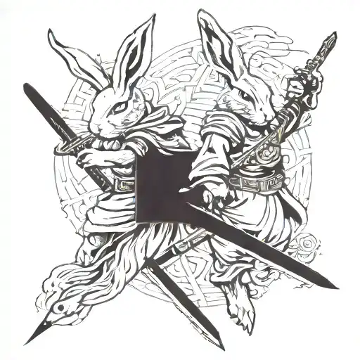 Two Rabbits Dressed As Warriors Virtical Sword Emerging