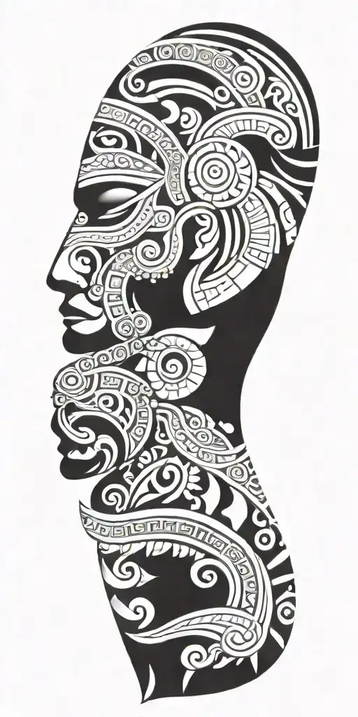 A Combination Of Maori Patterns And Soldier Symbols In A Black-grey Tattoo Design