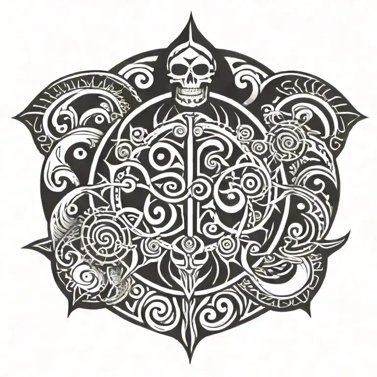A Combination Of Maori Patterns And Soldier Symbols In A Black-grey Tattoo Design