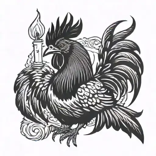 Angry Black Rooster And Open Wing Of Macumba With Candle