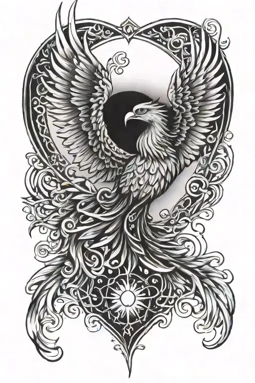 A Majestic Phoenix Soaring Through The Sky With A Heart-shaped Sun In The Background