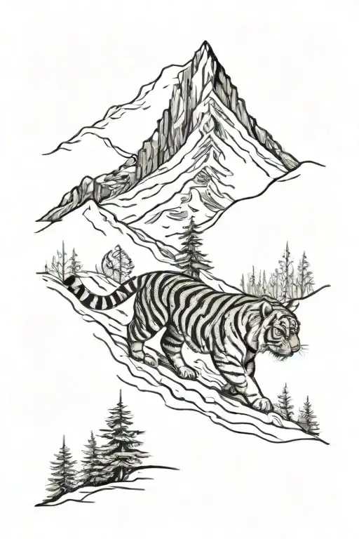 A Tattoo Design Featuring A Tiger Hiking Through A Snowy Mountain Landscape