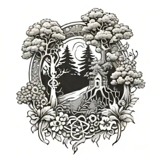 Enchanted Forest Scene With Hidden Medical Symbols Intertwined Among The Trees And Flowers