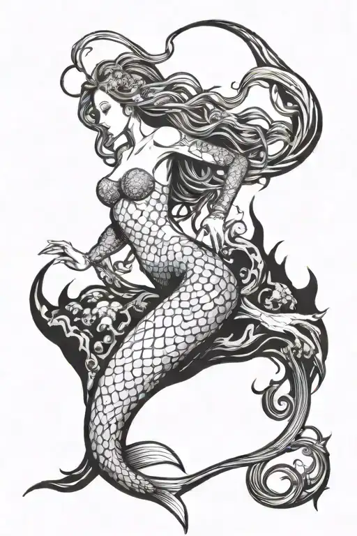 An Intricate Blackwork Tattoo Of A Mermaid Exploring A Mysterious Underwater Cave