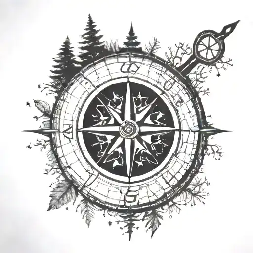 A Detailed Blackwork Tattoo Of A Compass Surrounded By Trees And Stars