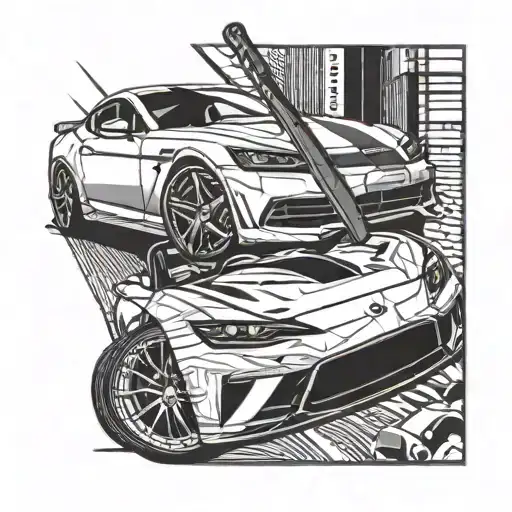 A Baseball Bat Morphing Into A Sleek Sports Car In Blackwork