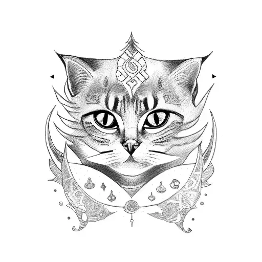 A Sketch-style Tattoo Of A Mystical Cat Surrounded By Symbols Of Umbanda