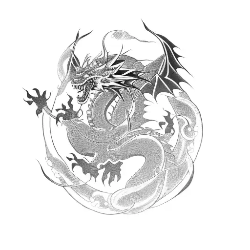 Black Tribal Dragon With Roses And A Neo Samurai Handing A Katana