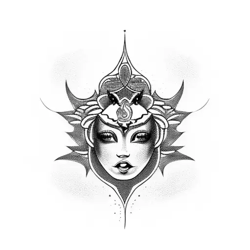 A Blackwork Design Featuring A Mystical Goddess With A Pussy As Her Symbol Of Power