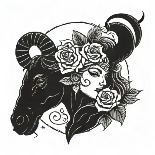 Dark Art Zodiac Sign Aries Woman With Black Horns And Roses