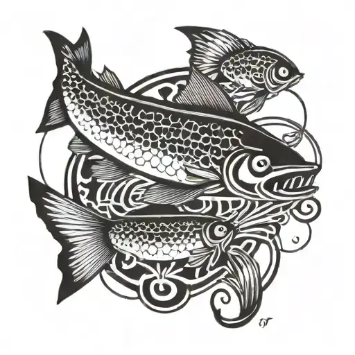 A Detailed Blackwork Tattoo Of A Vintage Fishing Lure Intertwined With Guitar Strings