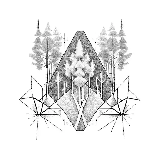 A Geometric Representation Of A Forest Scene With Intricate Blackwork Detailing