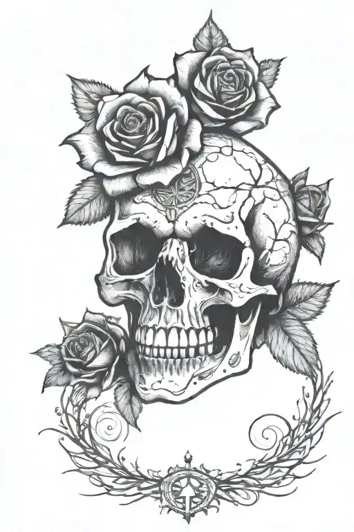 A Gothic-inspired Tattoo Featuring A Skull Surrounded By Dark Roses And Thorns