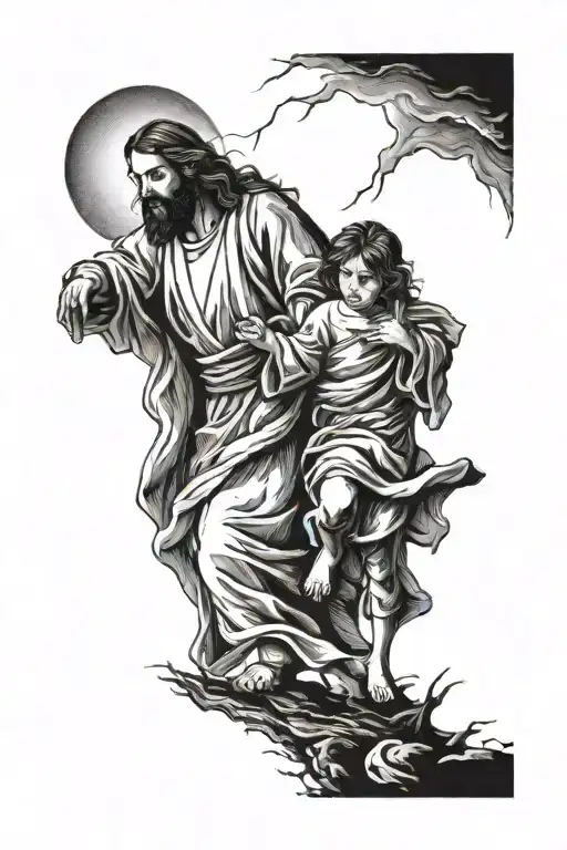 Jesus Christ Walking And Guiding His Child Through A Rough Storm