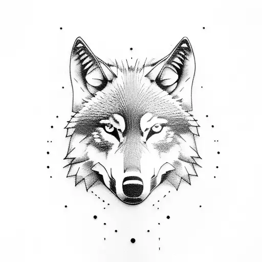 Wolf Head In Front Of A Tree Line With Moon In Background