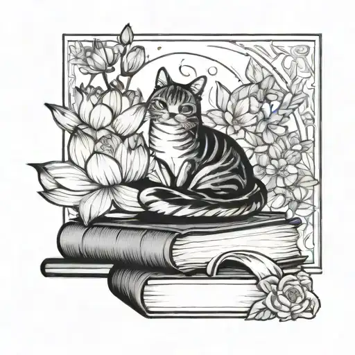 A Peaceful Lotus Flower Surrounded By Books And A Sleeping Cat