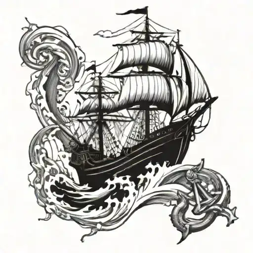 A Majestic Ship Sailing On Stormy Waters With A Large Anchor Hanging Off The Side