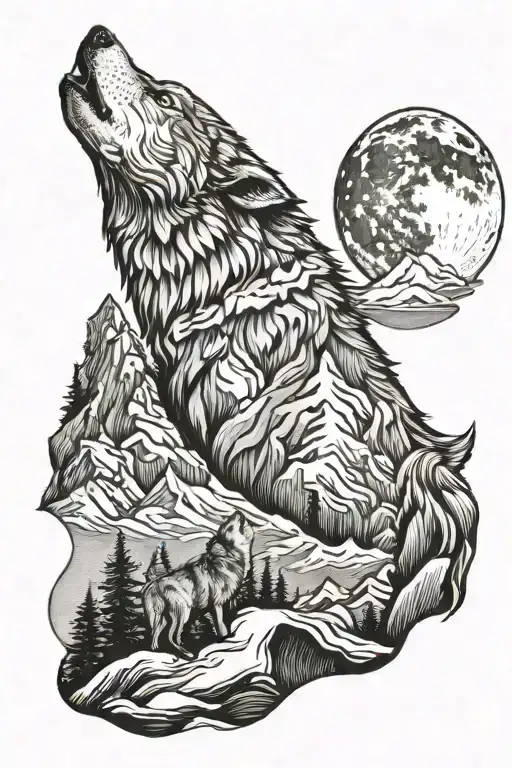 Wolf And Baby Howling Moon Mountain Peaks