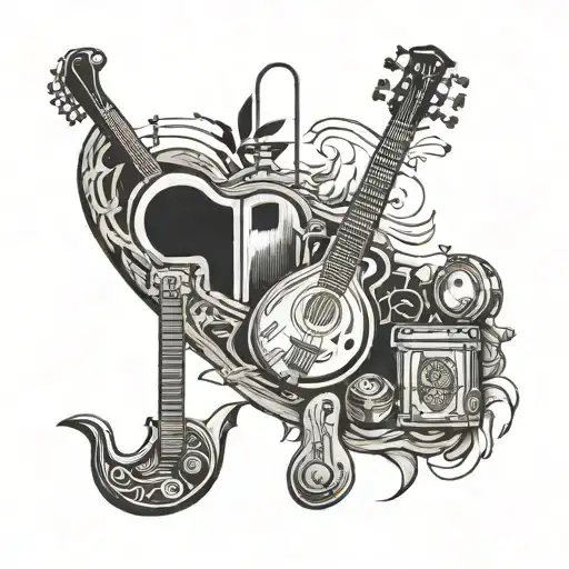 A Design Of Musical Instruments Incorporated Into Woodworking Tools On A Japanese Island Background