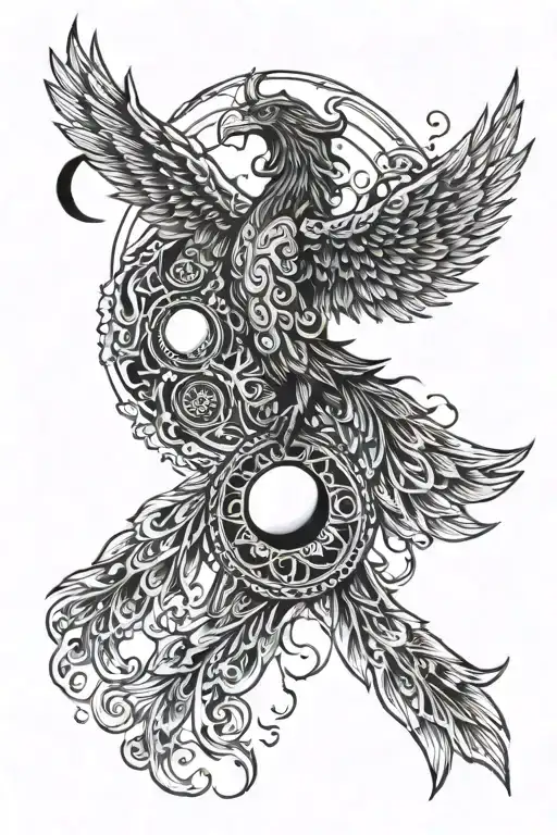 Phoenix Rising Looking Up Wings Open With Moon Phases