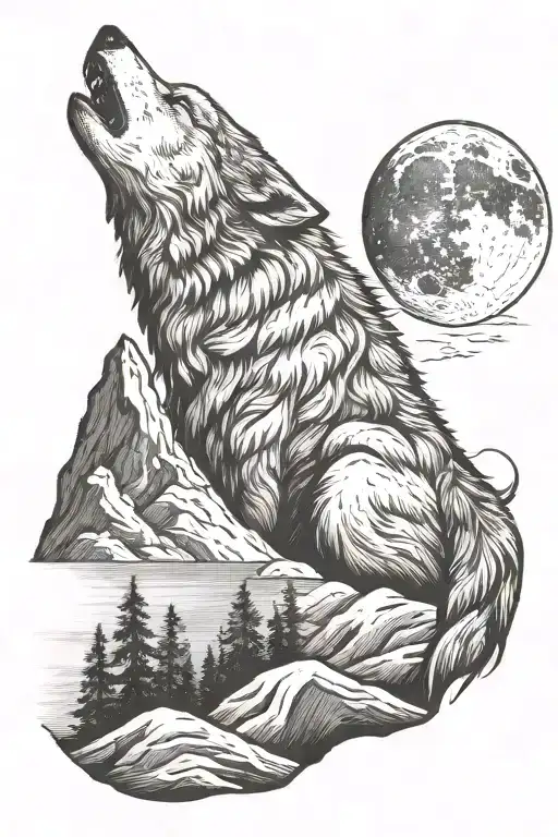 Wolf And Baby Howling At Moon On Top Of A Mountain