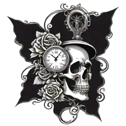 Skull And Rose And Clock