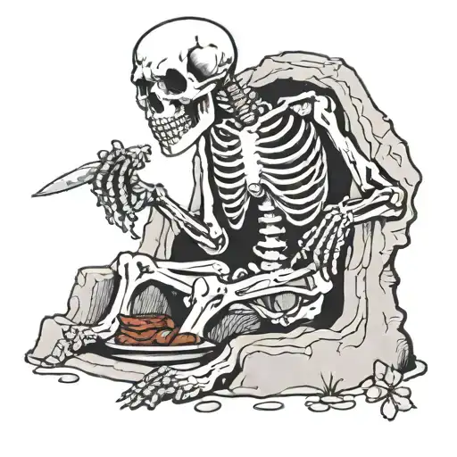 A Skeleton In A Grave Eating Meat Given By A Gravedigger