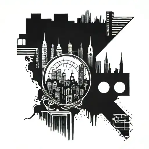A Blackwork Tattoo Of A Cityscape With Hidden Elements Representing Hiphop Music And Dance