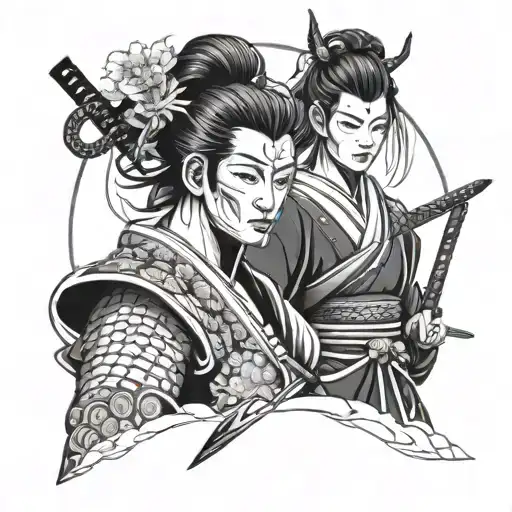 Samurai With Mask And Geisha With Okiya