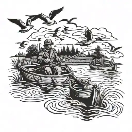 A Detailed Duck Hunting Scene With A Hunter In A Boat And Ducks Flying Overhead