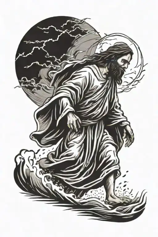 Jesus Christ Walking And Guiding His Child By Holding His Hand Through A Very Rough Storm