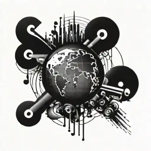 An Abstract Globe Design With Barbells And Music Symbols Representing Different Countries