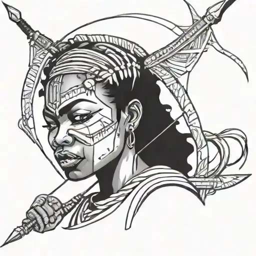 Face Tattoo Of Angry African Woman With Bow And Arrow And Sword Going Into Battle