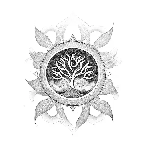 Half Sleeve Tree Of Life In Middle With Lotus Flowers And Mandala