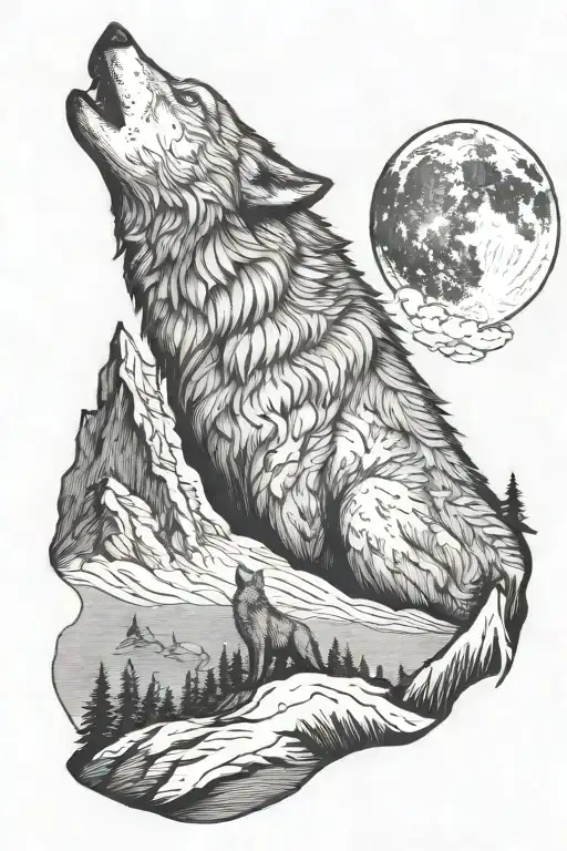 Wolf And Baby Howling Moon Mountain Peaks