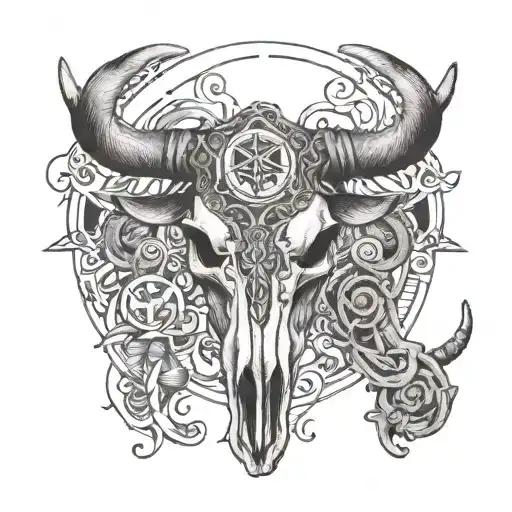 A Texas Longhorn Skull With Intricate Religious Symbols Intertwined In The Horns