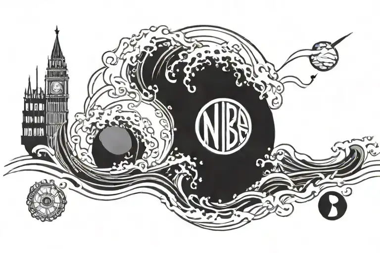 A Tattoo Of An Nba Logo Merged With Ocean Waves And Electronic Elements