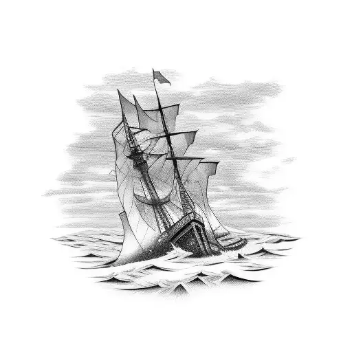 A Blackwork Tattoo Of A Shipwreck At The Bottom Of The Ocean